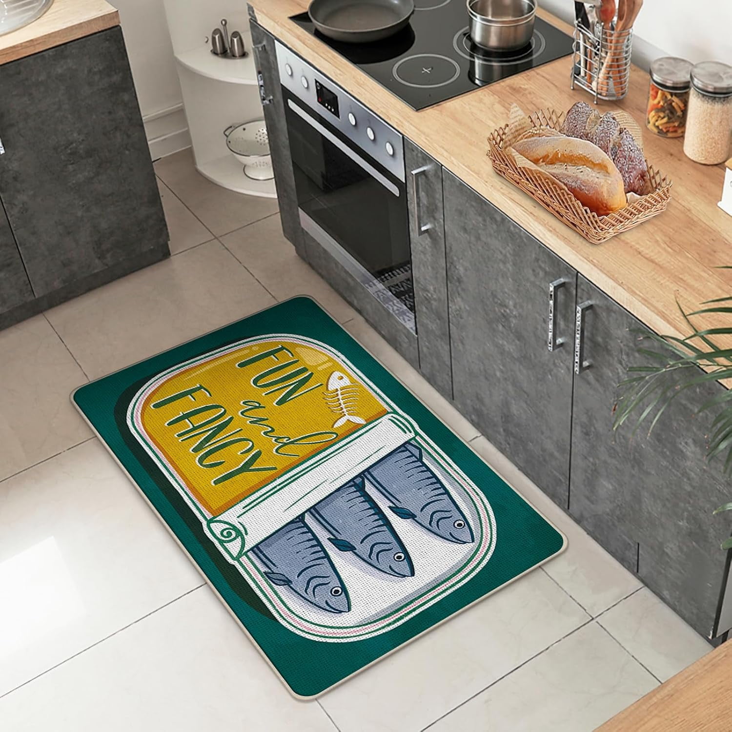 Sardines Can Welcome Front Door Mat, Fun and Fancy Beach Coastal Fish Decorative Doormat Non-Slip Floor Entryway Rug, Nautical Seafood Low Profile Indoor Outdoor Home Kitchen Decor 17x29 Inches