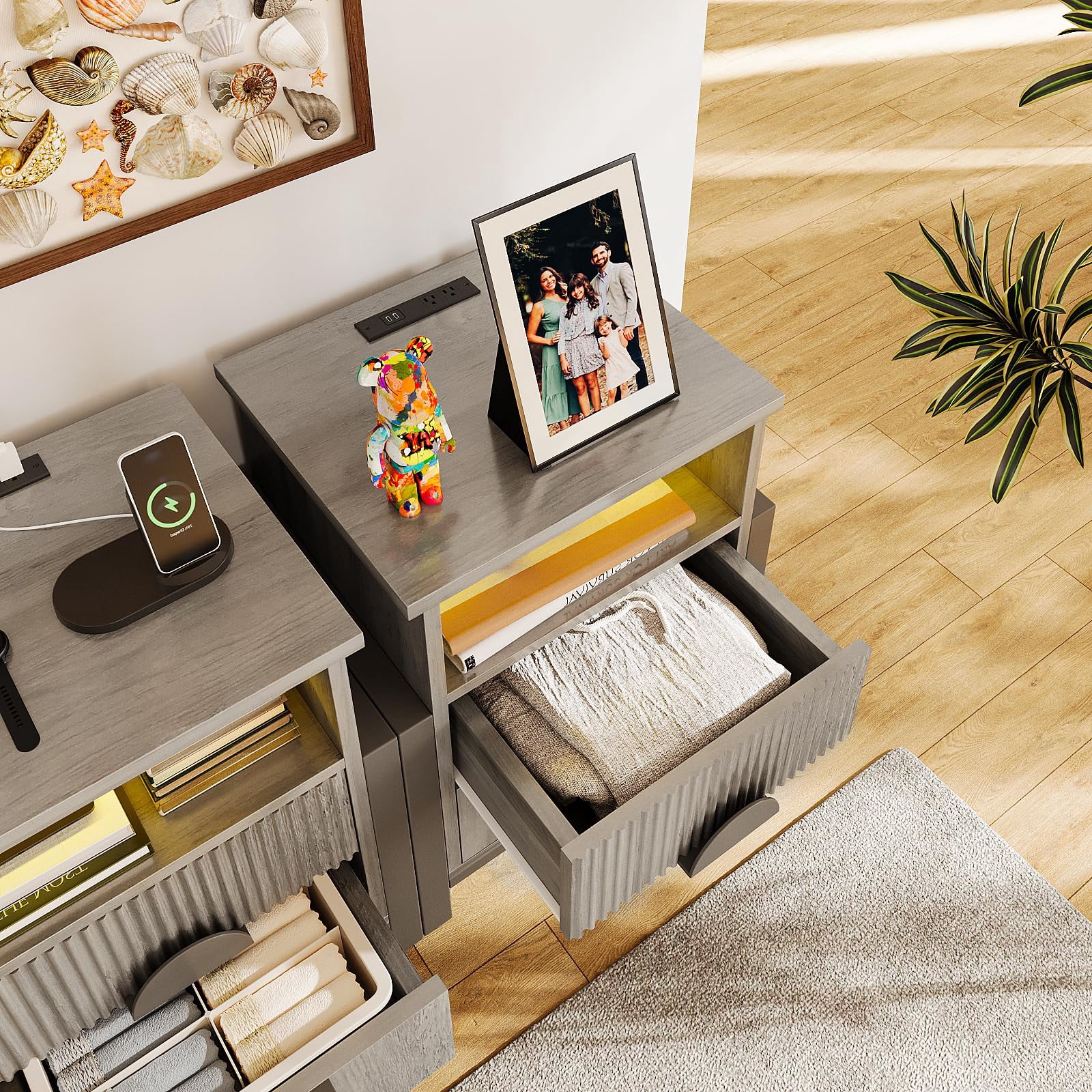 Modern Fluted 2-Drawer Dresser, Side table for Bedroom Living room, Borders H Metal Legs,Gray Wash