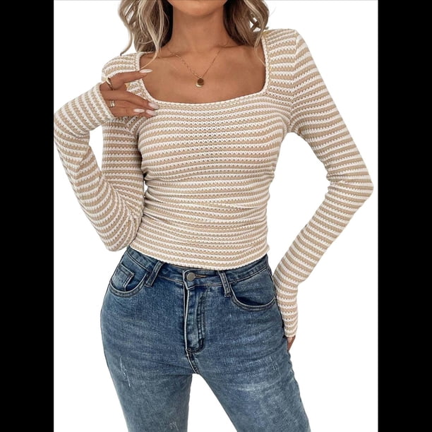 Camiseta de Punto Gofre A Rayas para Mujer, Cuello Cuadrado, Larga, Fruncida, Corte Ajustado, para Otoño. Albaricoque L