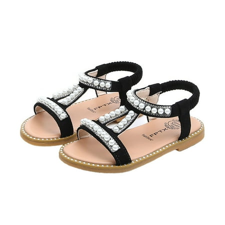 

Girls Summer Shoes Style PU Leather Sandal Pearl Baby Shoes Breathable Flat Sandals Shoes for Kids Children - Size 3 (Black)