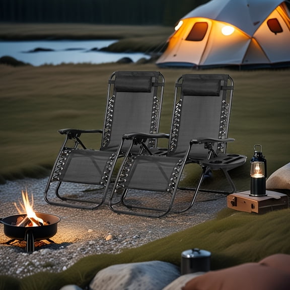 Relaxing Patio Chairs, Adjustable Steel Mesh Zero Gravity Lounge Chair, Portable Beach Chairs With Pillow And Cup Holder, Set Of 2