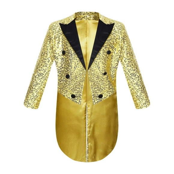 HULIJA Kids Boy's Tuxedo Jacket Sequin Blazer Tailcoat Swallowtail Suit Dinner Party Formal Dress Coat Gold 14