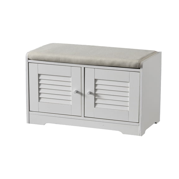 28.74" White Shoe Storage Bench, Entryway Bench with 2 Door Cabinet, Shoe Rack with Cushion & Adjustable Shelves