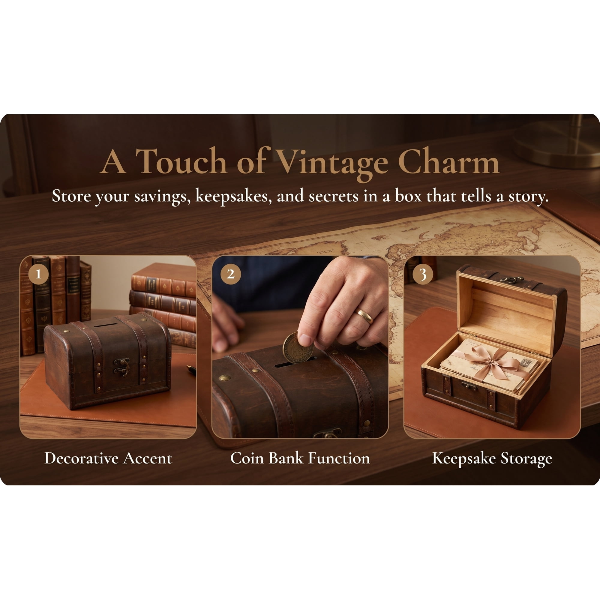 Amosfun Retro Dark Brown Wooden Treasure Chest Box with Lock for Cash and Jewelry Home Decor