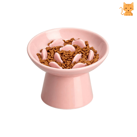 Ceramic Slow Feeder Cat Bowl Anti-Bloat Slow Eating Pet Bowl Four Color Options Tall Raised Stand Protect Pet Cervical Spine Smooth Glazed Feeding Dish Indoor Household Pets-Pink