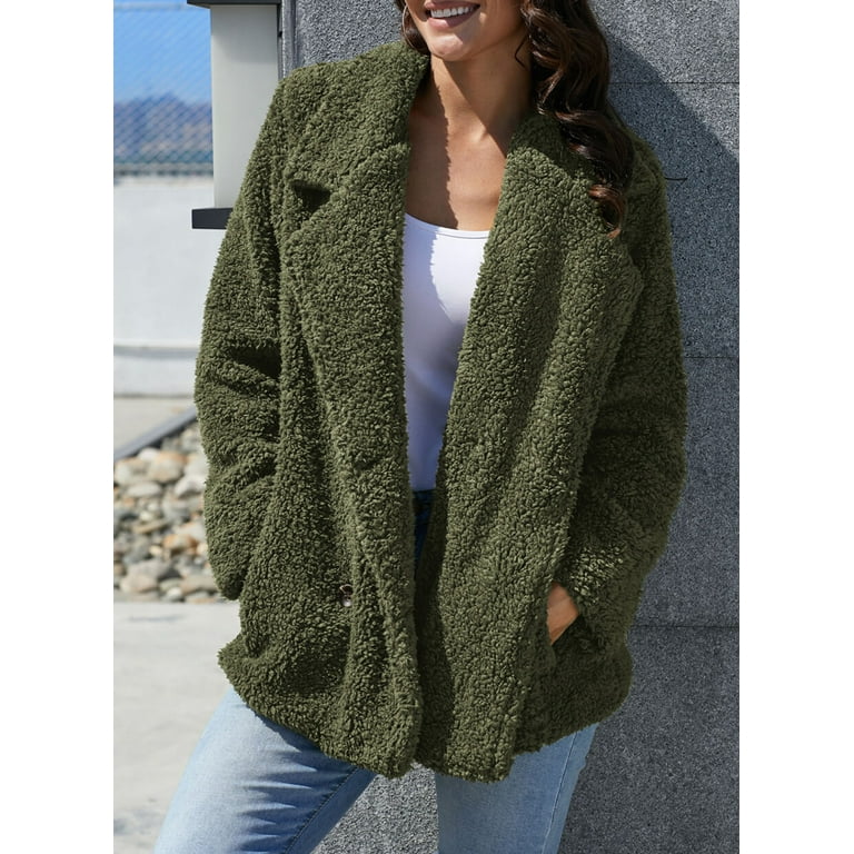 Womens Fleece Teddy Bear Button Down Sherpa Jacket Solid Color