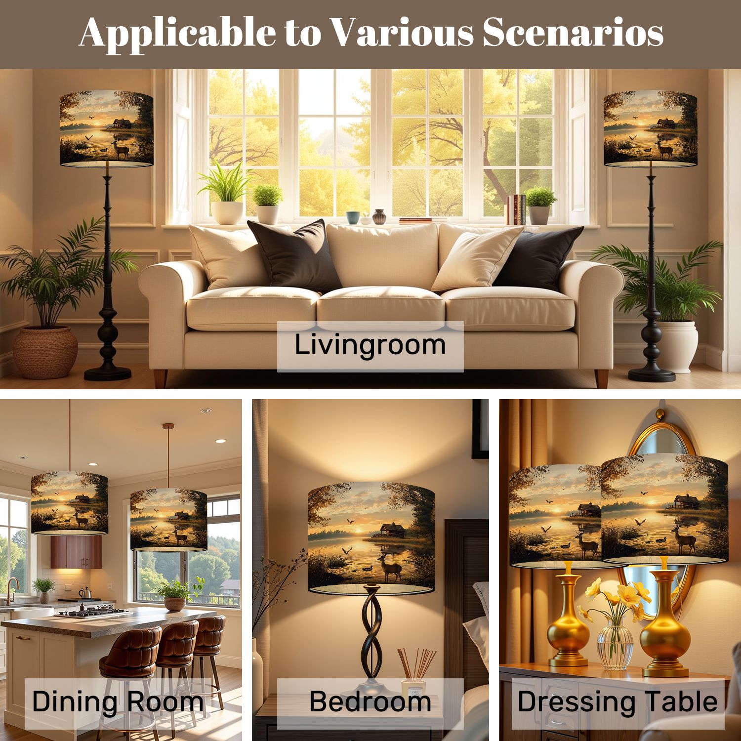 Lampshades 2 Pack Animal Deer Vintage Wildlife Rustic Duck Cabin Sunset Lake Realistic 13"x13"x10" Light Shade for Table Lamps Floor Lamps Drum Lamp Shades Lampshade Replacement Easy Assembly