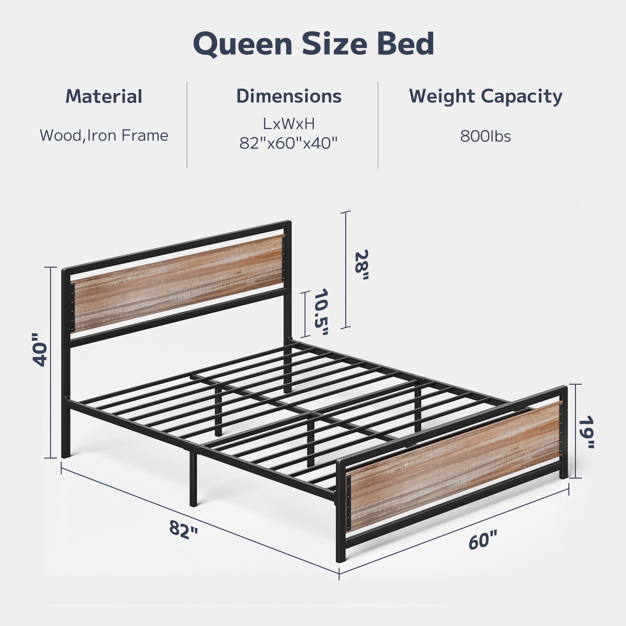 Asofer Queen Bed Frame with with Rustic Vintage Wood Headboard and Footboard, No Box Spring Needed, Wood Color