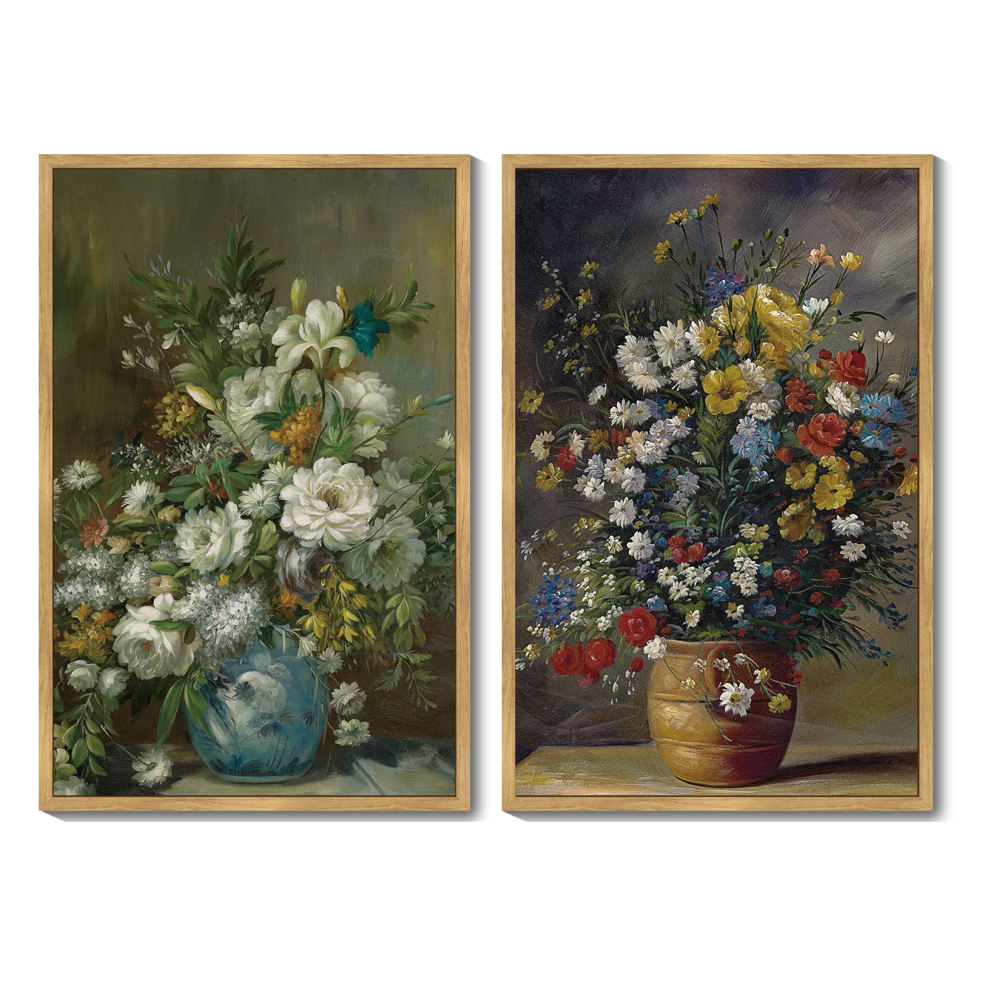 Vintage Flower Framed Wall Art 16x24in2pcs Framed Brown Modern Farmhouse Kitchen Bathroom Office Decor Retro Floral Classic Wall Prints