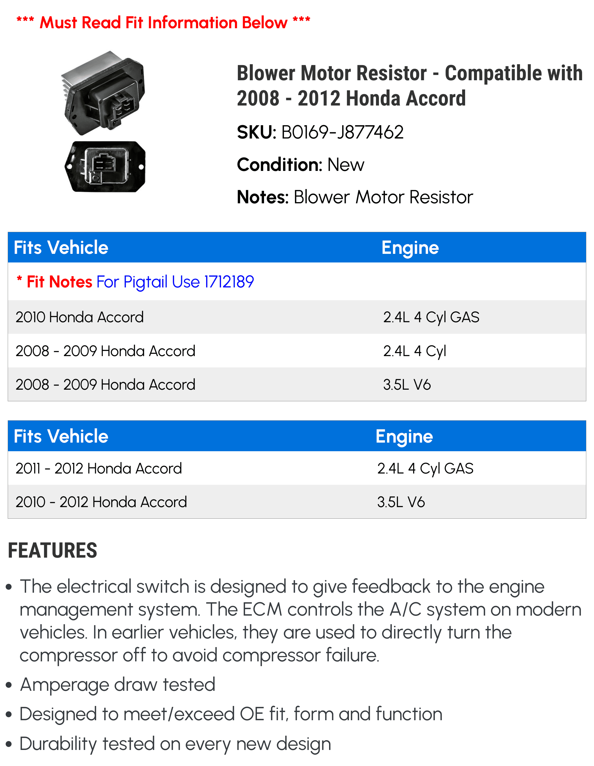 Blower Motor Resistor - Compatible with 2008 - 2012 Honda Accord 2009 2010 2011