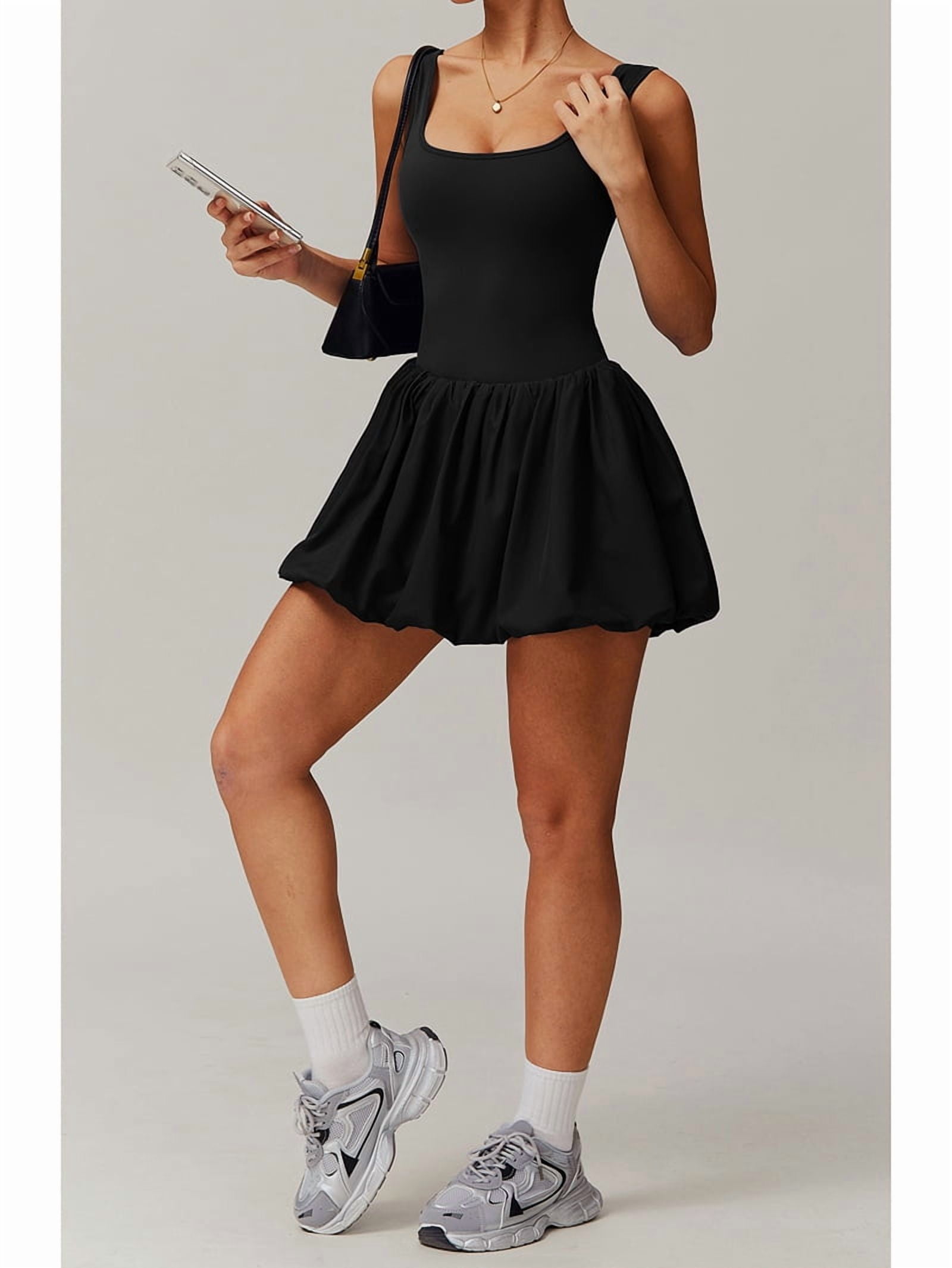 Womens Bubble Tennis Dress Squre Neck Sleeveless Workout Golf Athletic Dresses Build in Shorts with Pockets