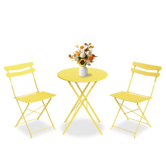 Space-Saving Collapsible Patio Bistro Set – 3-Piece Powder-Coated Steel Table and 2 Chairs, No Assembly, Durable, Portable Garden, Balcony, Porch, or Yard Furniture – Bright Yellow