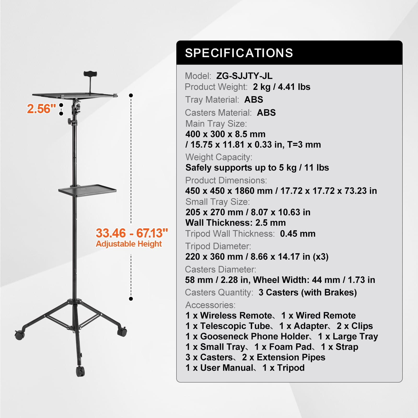 KFFKFF Mobile Projector Stand, Tripod Laptop Stand with Adjustable Elevation from 31.3 to 67.3 inches, Equipped with Dual Trays and Flexible Phone Holder, Suitable for Outdoor Cinema, Home