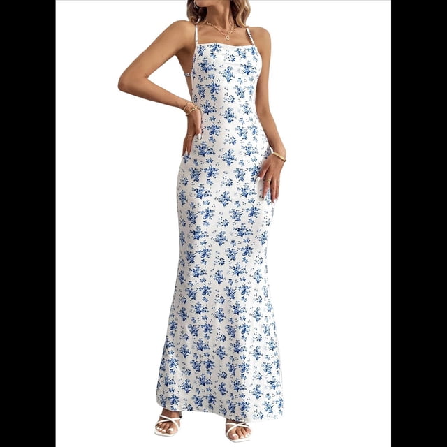 Vestido Maxi Floral de Verano para Mujer, Escote Cuadrado, Fruncida, Ajustado, Vestido Formal para Invitadas de Boda. XL