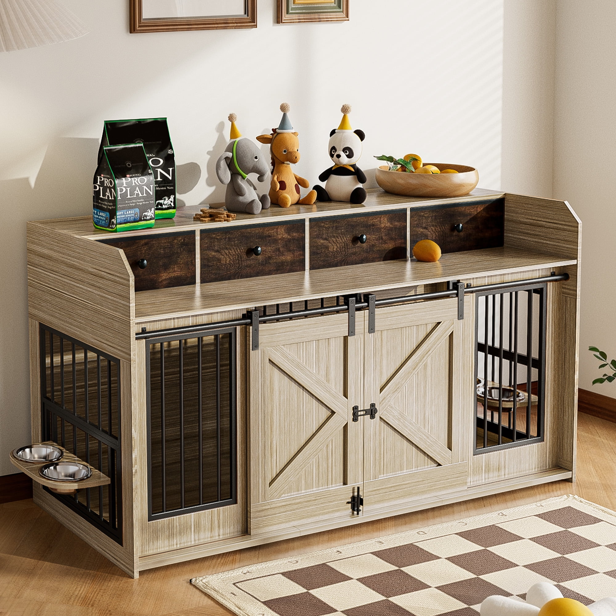 Advwin 63" Wooden Double Dog Crate Furniture with Drawers, Divider, Sliding Doors and Dual Feeding Stations, TV Stand Dog Kennel for 2 Small/Medium Dogs, Light Brown