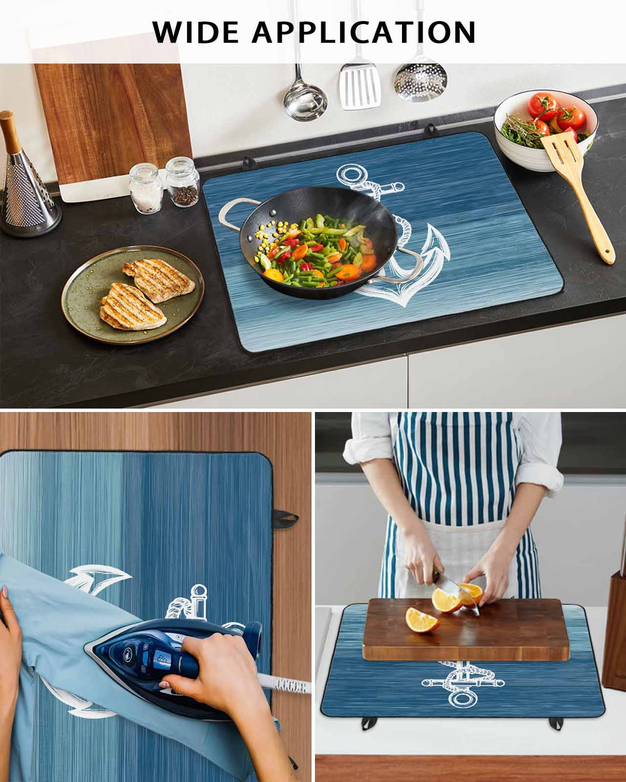 nqOlkjepod Large Induction Cooktop Protector Mat 36"x21", Nautical White Anchor Stove Top Covers for Electric Stove, Blue Gradient Ocean Abstract Stove Burner Cover Mats, Glass Top Stove Cover