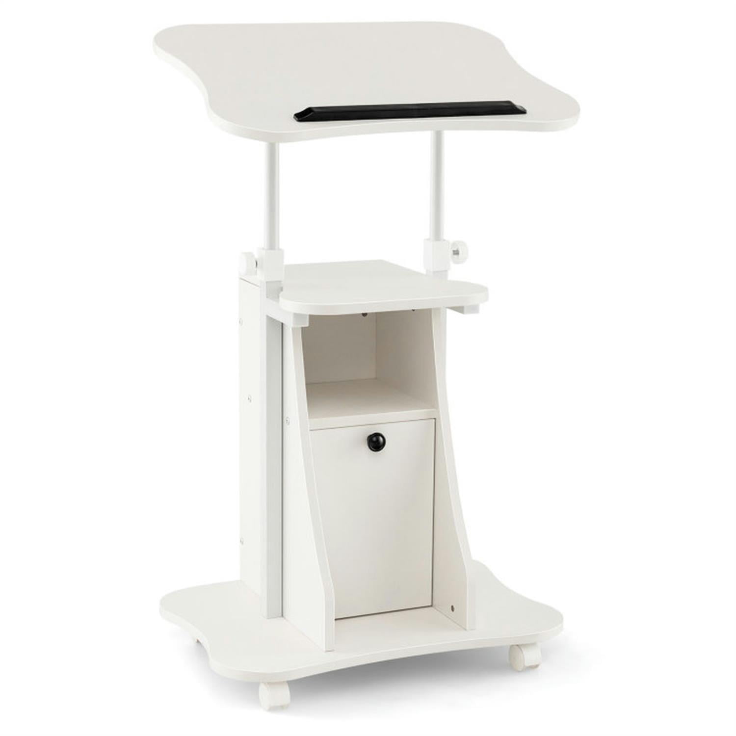 Demi Bonn Adjustable Mobile Standing Desk Cart with Tilt Desktop and Cabinet for Laptops, Books, Tablets, and Art, White