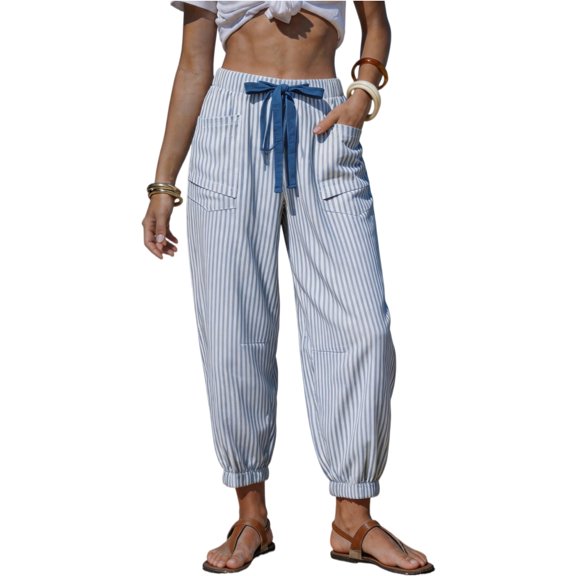 Women's Striped Jogger Pants, Casual High Waisted Capri Harem Pants with Pockets, Comfy Elastic Drawstring Waist Summer Trousers