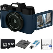 Acuvar 4KCAM Zoom 16x 48 MP Compact Digital Cameras with 64GB SD Card, Blue