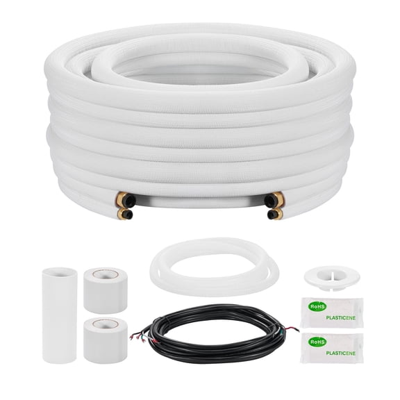 VEVOR 25ft Mini Split Line Set, 3/8” & 5/8” OD AC Copper Tubing Pipe, 3/8 White PE Thickened Insulated Coil with Flared Nuts, Rich Fittings, for Mini Split Air Conditioner HVAC or Heat Pump System