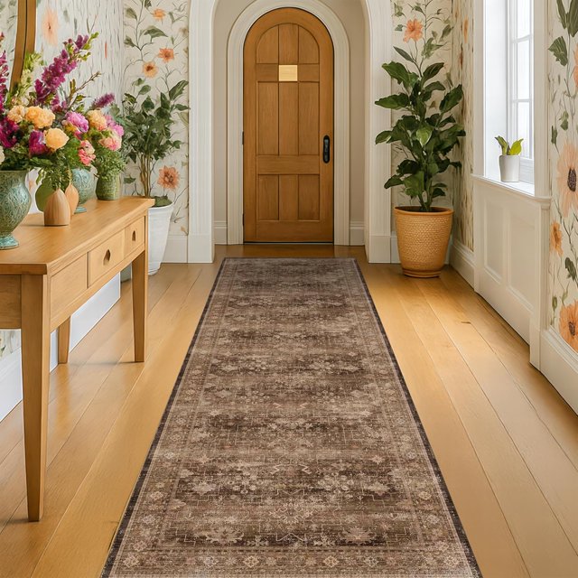 Brown Neutral Boho Washable 3x12 Extra Long Hallway Runner Rug, Waterproof Large Kitchen Floor Rug Indoor, Non-Slip Stain & Fade Resistant, Vintage Dark Earthy Taupe Decor