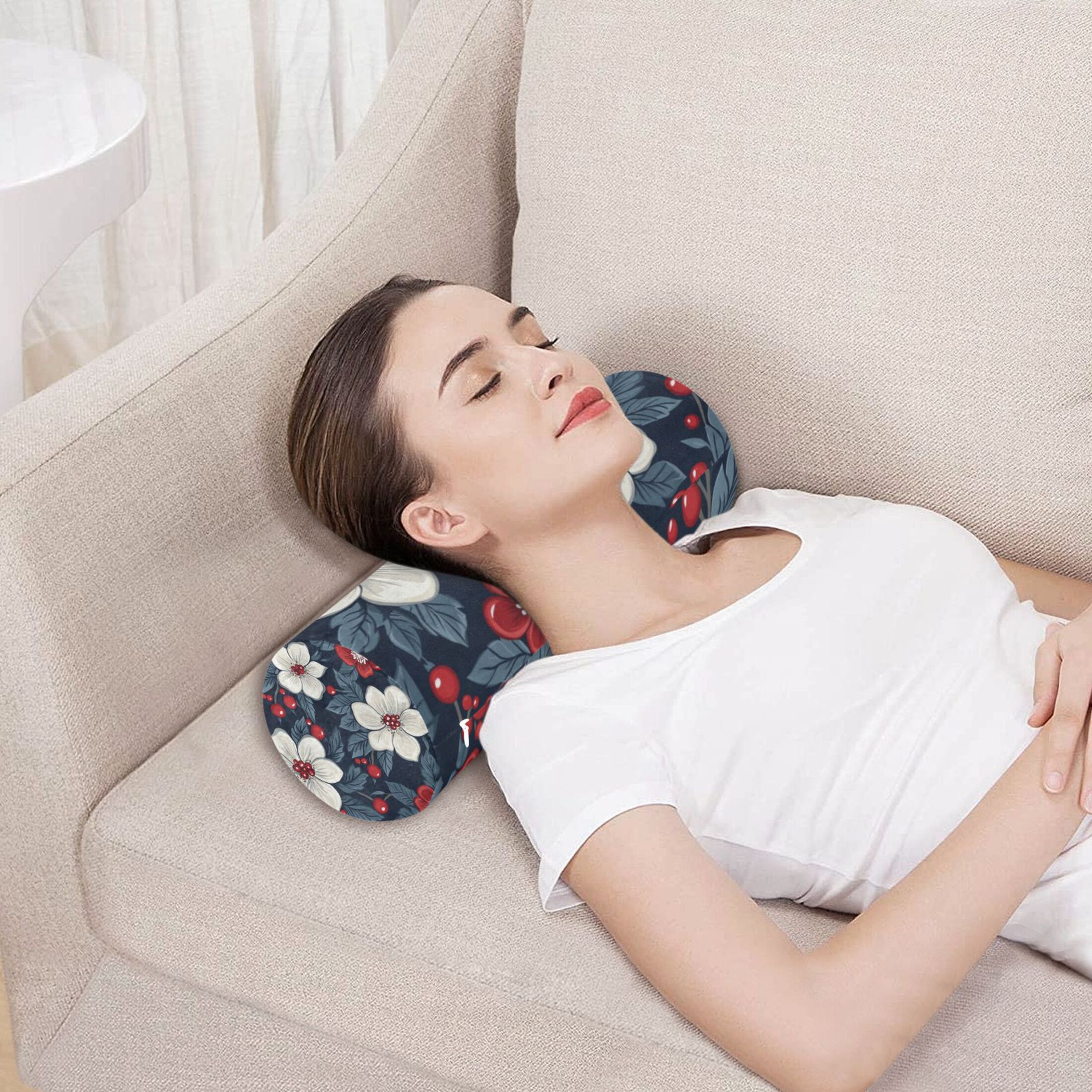 Neck pillow Round Cervical Pillow Cylindrical Pillow Lumbar Pillow Sofa Headrest Pillow Support For the Back, Neck and Head Large White Flower