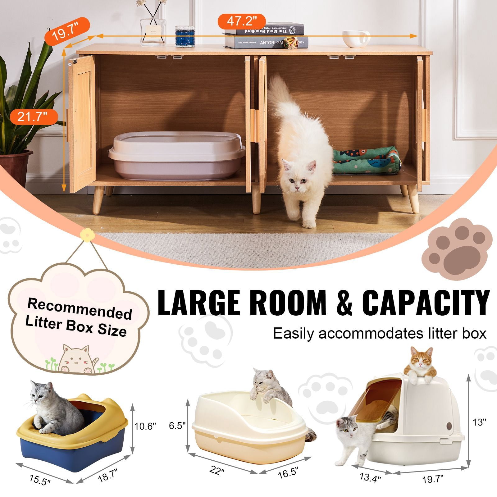 Modern Wooden Litter Box Cover - Enclosure for 2 Cats, Furniture Style & Odor-Free