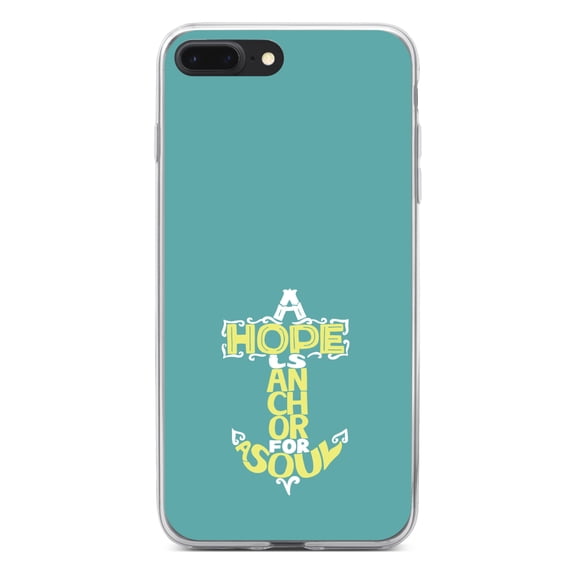 DistinctInk Clear Shockproof Hybrid Case for iPhone 7 PLUS / 8 PLUS (5.5" Screen) - TPU Bumper, Acrylic Back, Tempered Glass Screen Protector - Hope is an Anchor for a Sould - Yellow Teal