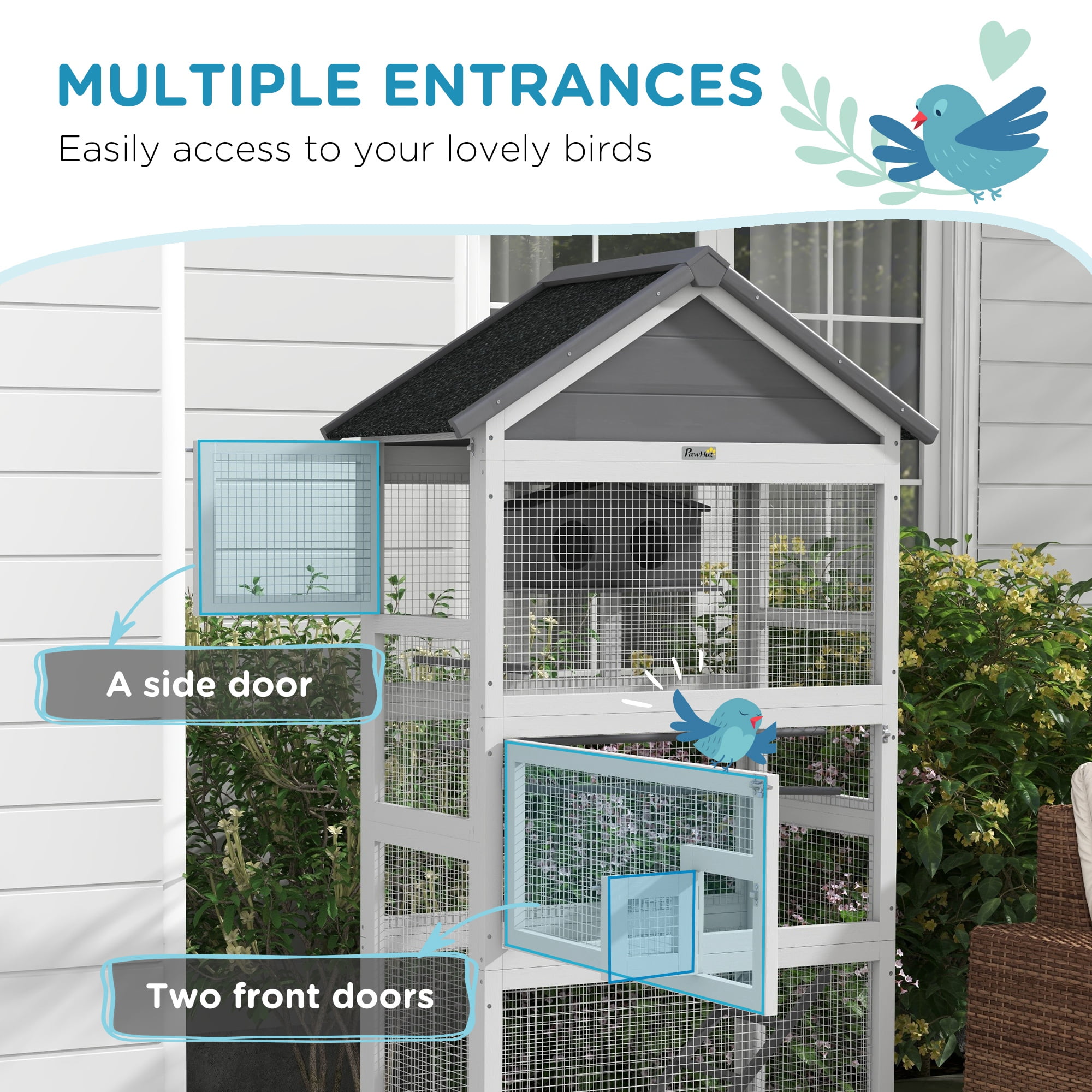 PawHut Wooden Bird Aviary with Slide-Out Tray, Birdhouse, Ladder, Perches