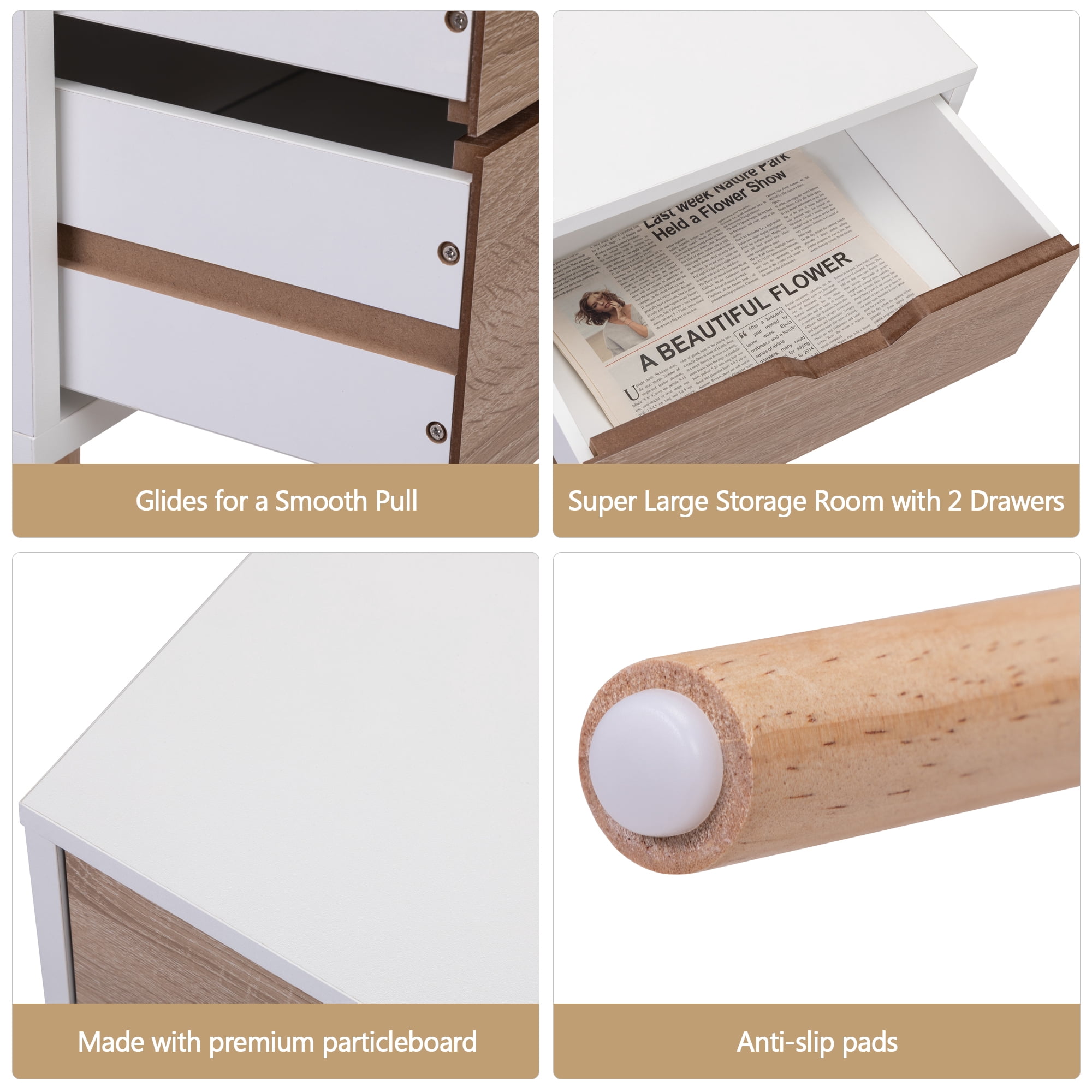Jaxpety Modern Nightstand with 2 Drawers, Light Walnut & White