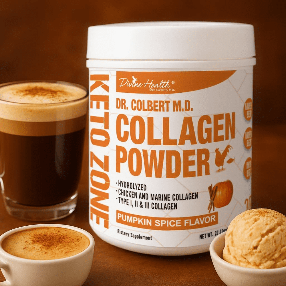 Dr. Colbert MD Hydrolyzed Collagen Powder | Pumpkin Spice | Divine Health | Type I, II, III Chicken & Marine | Hair, Skin & Nails | Recommended in Keto Zone | 630g | 30 Servings