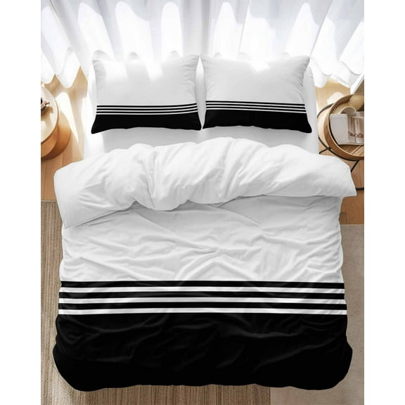 Modern Art Bedding Duvet Cover Set Full Size 4 Pieces Black White Simple Striped Farmhouse Bedding Set with Zipper Closure, 1 Comforter Cover 86x86 Inches 1 Flat Sheet & 2 Pillow Cases