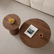 Round Nesting Coffee Tables Set of 2, Boho Wood Circle Side Table Fluted Drum for Living Room Bedroom, Apartment(Walnut)