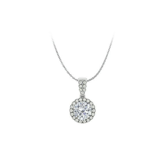 Cubic Zirconia Halo Pendant 14K White Gold Free Chain