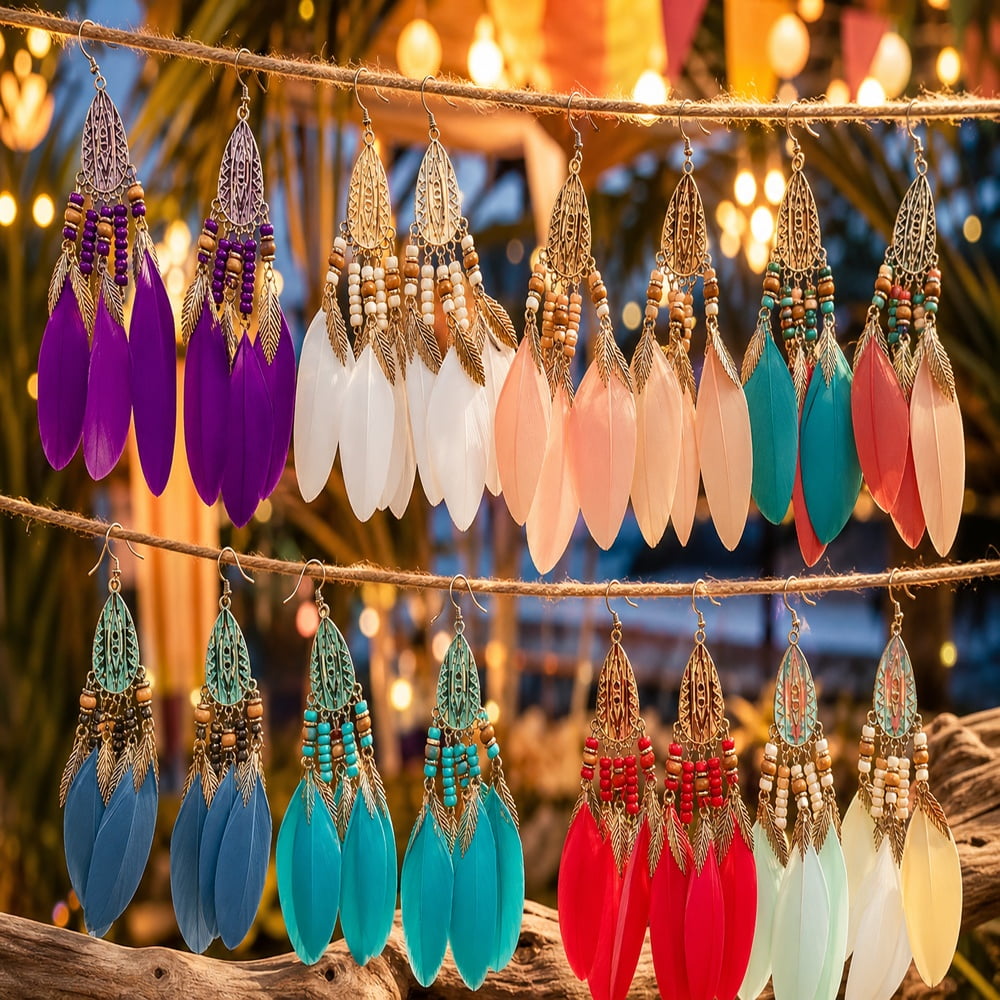 5 Pairs Bohemian Feather Earrings Set, Vintage Tassel Drop Dangle Earrings for Women, Colorful Alloy Statement Jewelry for Summer Parties, Weddings, Festivals and Holiday Gift (Random Color)
