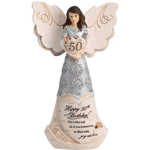 Pavilion Gift Company  Angel Holding 50th Heart Figurine, 6", Beige/Silver