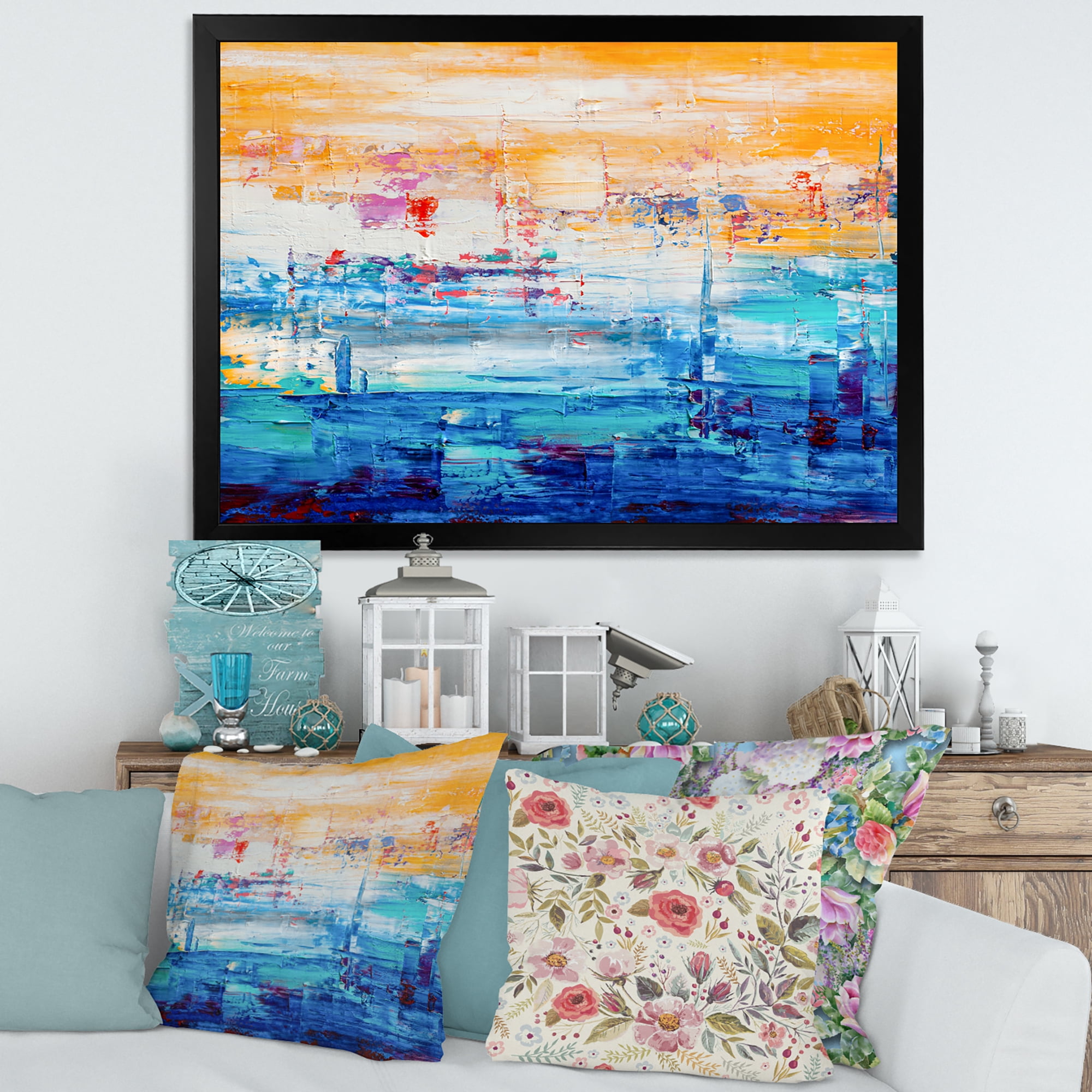 Designart 'Blue Meet Orange Abstract' Modern Framed Art Print
