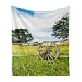 thumbnail image 1 of Barn Wood Wagon Wheel Soft Flannel Fleece Throw Blanket, Fresh Green Meadow Ranching Fences Growth Rural Landscape Trees, Cozy Plush for Indoor and Outdoor Use, 70" x 90", Multicolor, by Ambesonne, 1 of 6