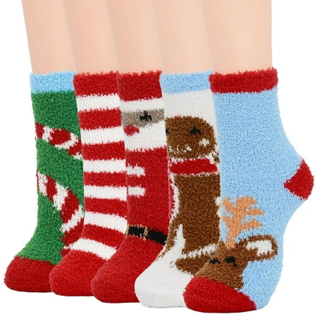 

American Trends Warm Cozy Socks for Women Softest Fuzzy Socks Winter Slipper Socks Casual Sleeping Socks Fluffy Cute Crew Socks Super Soft Microfiber 5 Pairs Christmas
