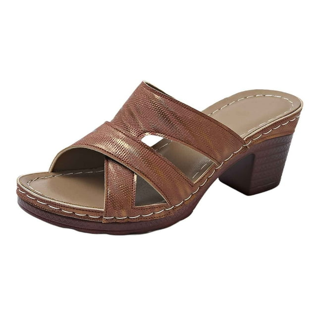 Ediodpoh Stylish Women's Slippers for Casual Everyday Wear with Toe Design Leather Upper and 7cm Wedge Heel for Summer and Pairing with Jeans Womens Slippers Brown 9