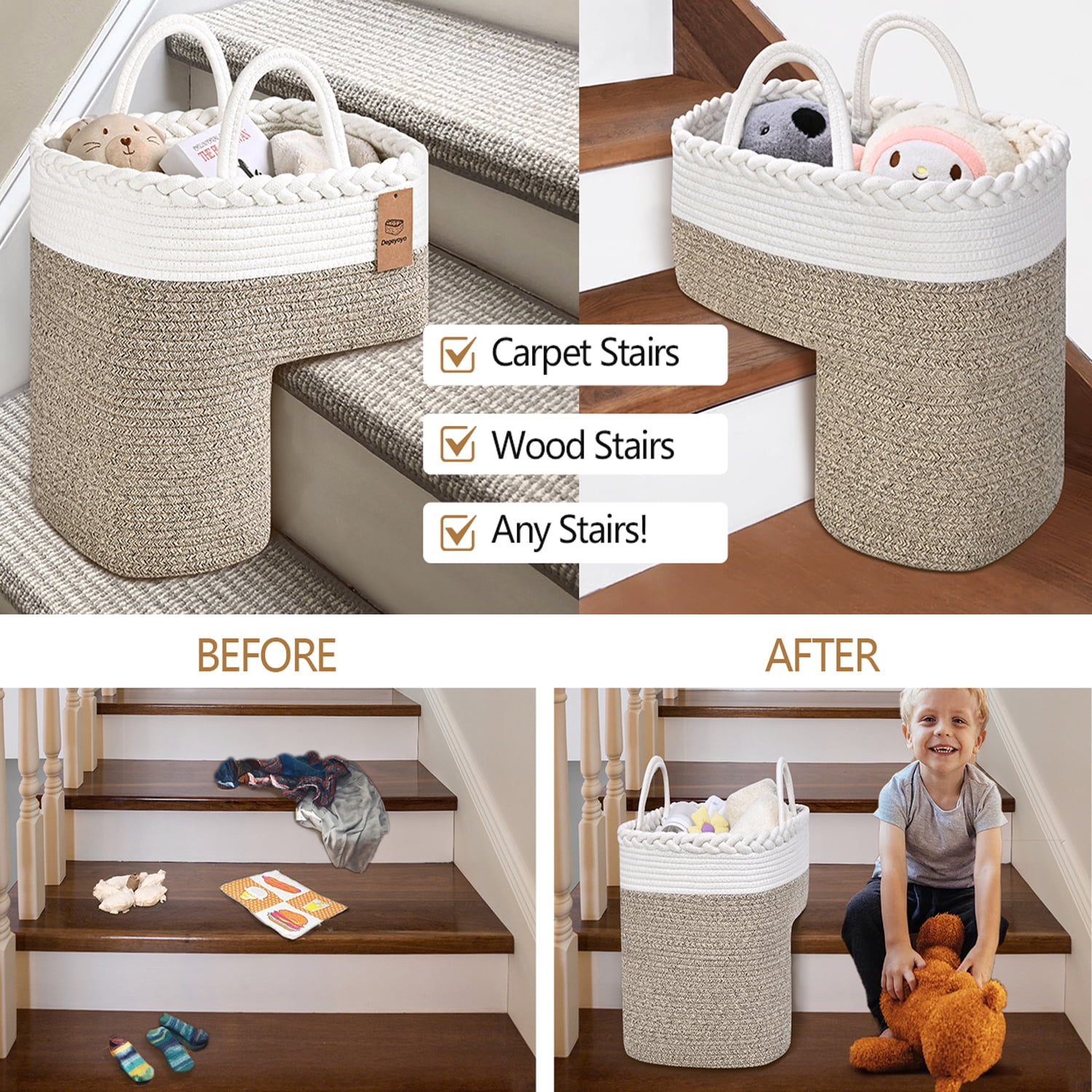 Natubeau Woven Storage Baskets, Brown Large Storage Basket with Handles for Wooden Stairs, Staircase Baskets for Organizing, 15"L x 10"W x 15"H
