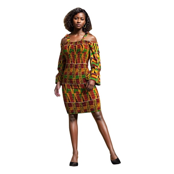 Bintarealwax African Dresses for Women Floral Spaghetti Strap Square Neck Mini Smocked Dress with Long Sleeves