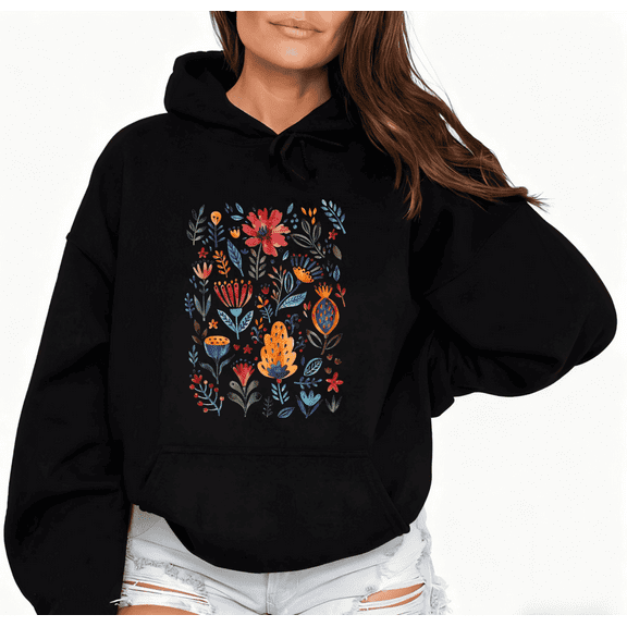 Women's Black Print Hoodie Graphic Sweatshirt Colorful Floral Art S-2XL Tops