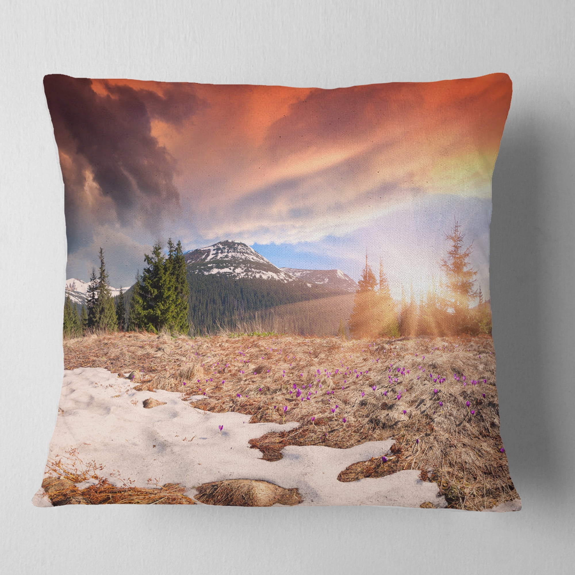 Designart Blooming Crocuses in Mountains - Landscape Photography Throw Pillow - 16x16