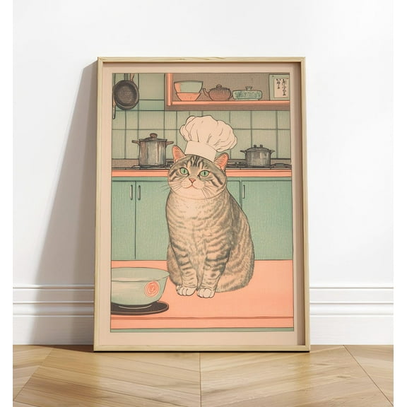 Grey Tabby Cat In A Chef'S Hat, Japanese Kitchen Art, Cat Lover Gift, Neutral Aesthetic Cooking Poster, Japan Print Wall Art, Modern Wall Decor, 8x12 UNFRAMED