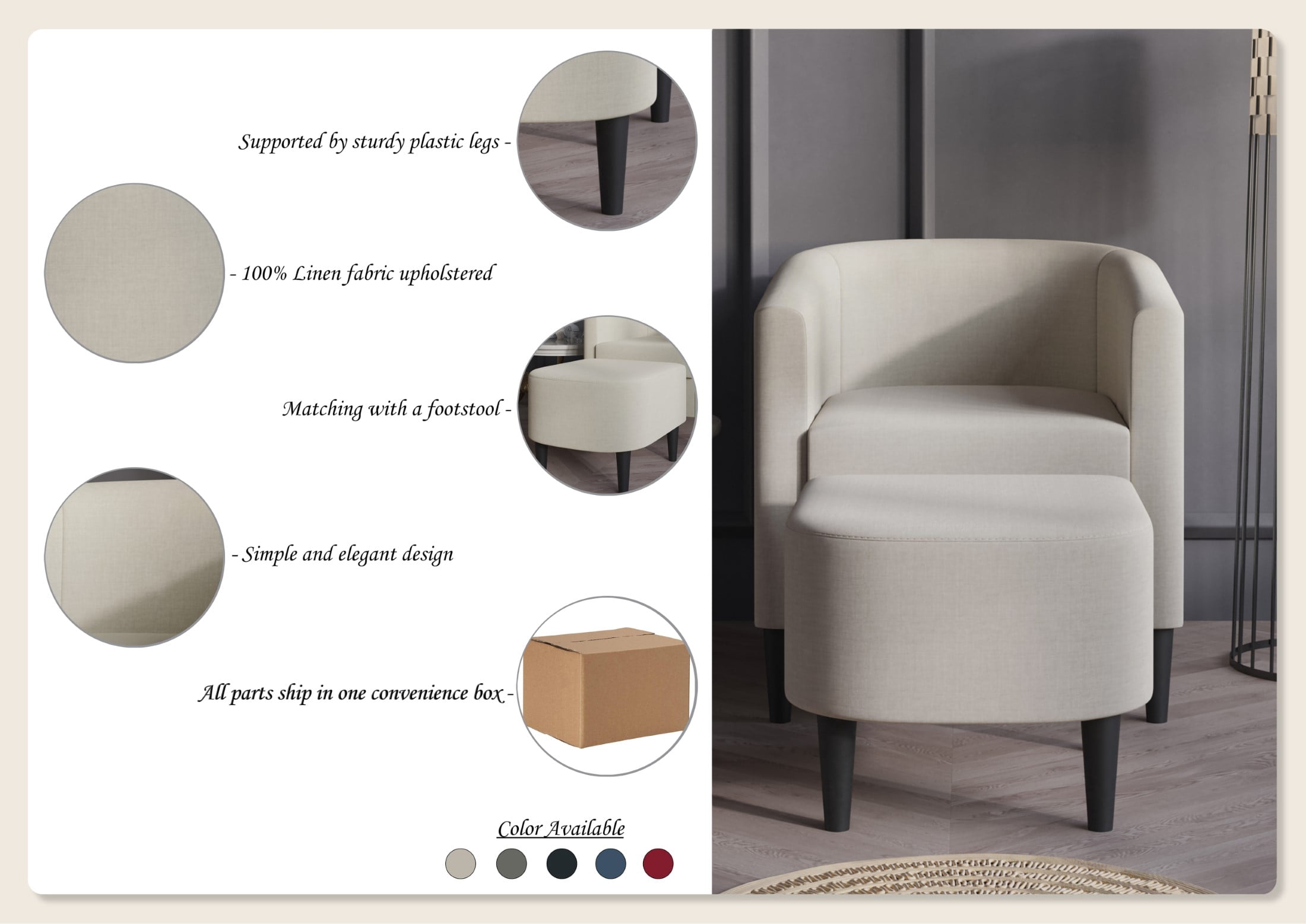 Castle Place Elegant Upholstered Linen Accent Chair with Stool, Warm Grey