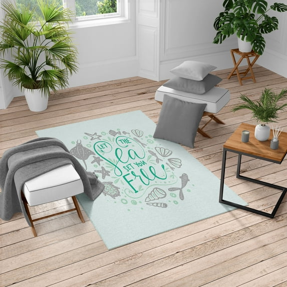 Nautical Turkish Area Rug, Let the Sea Set You Free Words Shellfish Turtle and Stingray Illustration, Soft Carpet for Living Room Decor with Distressed Look, 5.2' X 7.6', Dark Seafoam, by Ambesonne