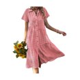 thumbnail image 1 of Txlixc - Vestido camisero con botones para mujer, manga corta, guinga, escote en V, con botones, corte en A, suelto, a cuadros, a media pierna Txlixc  Estilo de ocio, 1 of 9