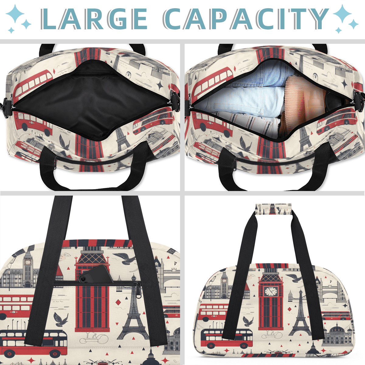 Herdesigns London Sports Duffle Bag for Women & Men, Big Ben England Gym Bag Dance Bag Overnight Bag Carry On Weekender Travel Bag