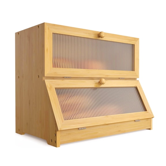 BN-LINK Double Layer Bamboo Bread Box, Large Capacity Bread Storage Bin with Window, Farmhouse Food Organizer for Kitchen Counter, Natural Bamboo